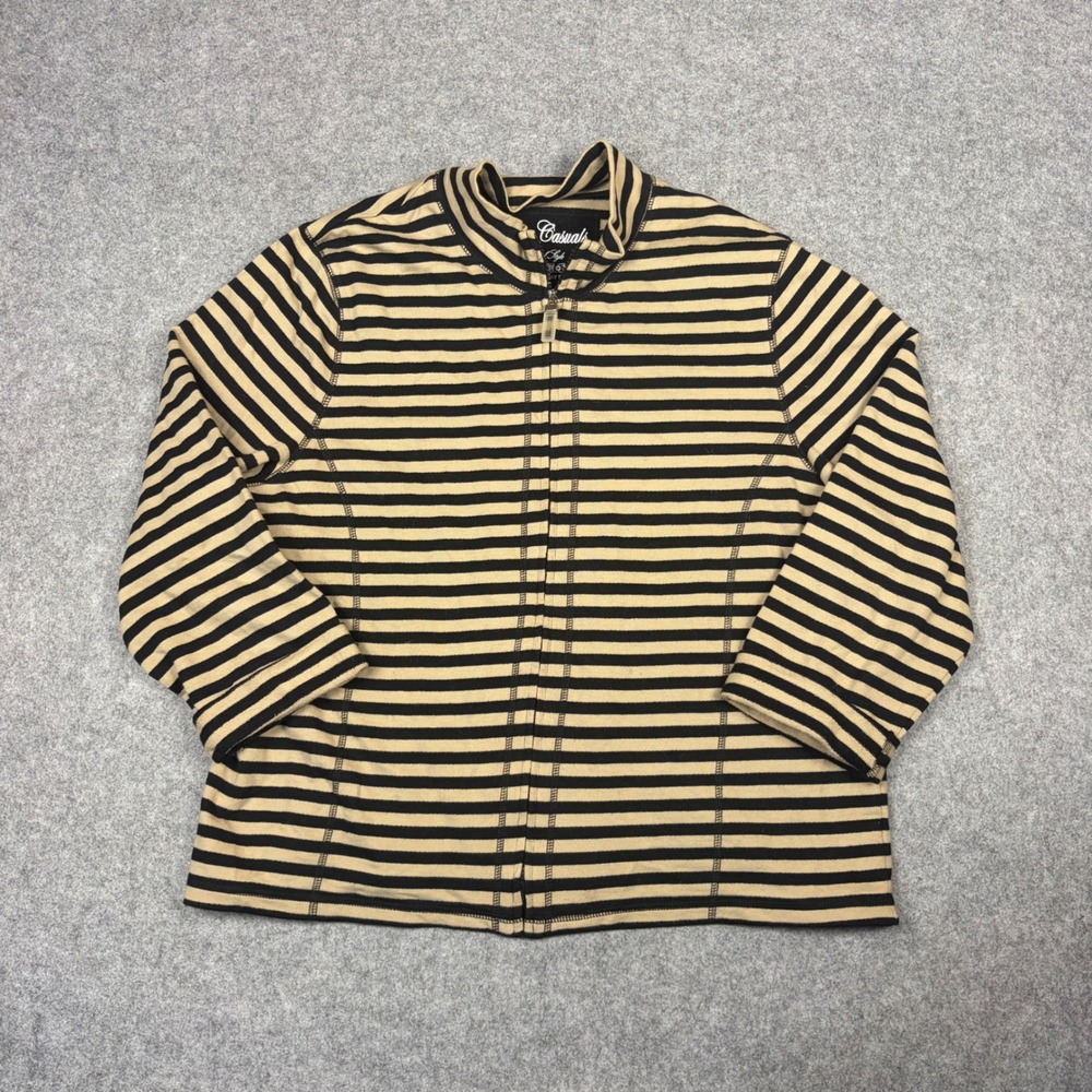 Onque Casuals Womens XL Full Zip Jacket Tan Black Striped Mock Neck 3/4 Sleeve